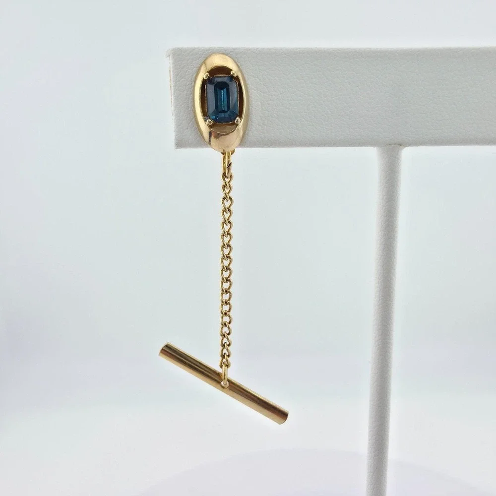 Vtg SWANK Tie Tack Pin Deep Blue Crystal Emerald Cut Barbell Men's Gold Tone